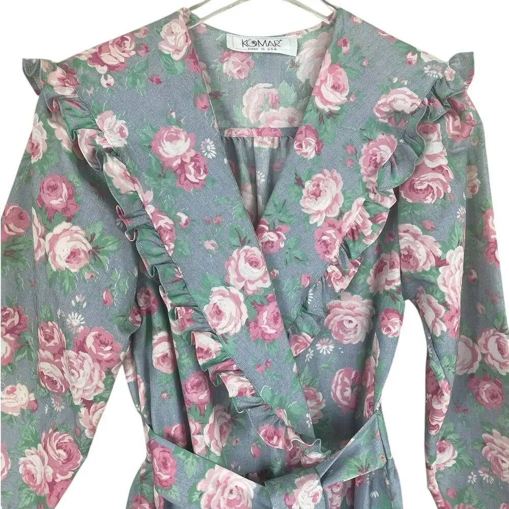 Vintage Komar Floral Robe Housecoat Ruffles Cottage Coquette USA Size Small - Picture 3 of 16